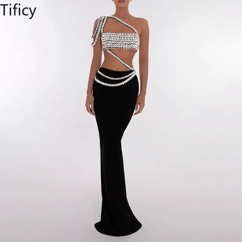 

TIFICY Sexy Set New Fashion Heavy Industry Diamond Embedding Oblique Shoulder Bra Top+Long Wrapped Hip Skirt Two Piece Set