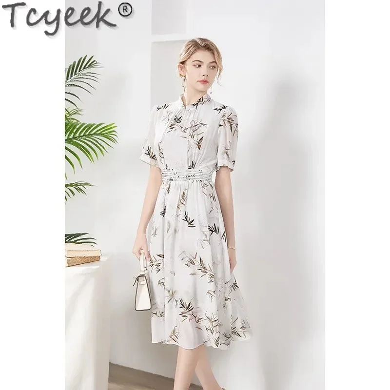 100% Tcyeek Mulberry Real Silk for Women Summer Clothes 2024 Elegant and Pretty Women's Dresses Stand Collar Print Dress