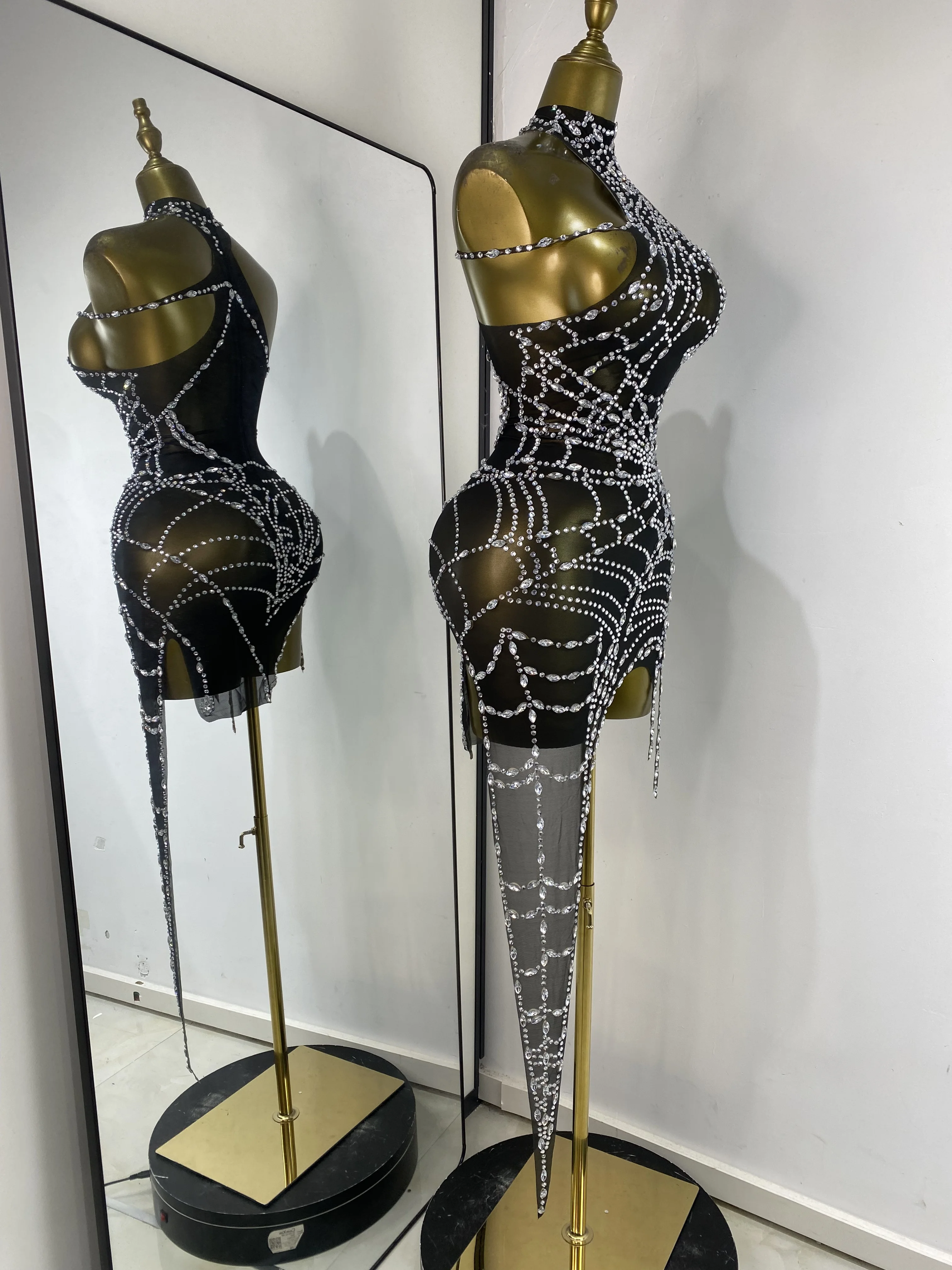 فستان نسائي مسائي للحفلات والنوادي على طراز الشرير مرصع بأحجار الراين الشبكية غير المتماثلة فستان تنكري للهالوين Nightbar DJ Gogo أزياء فستان #3