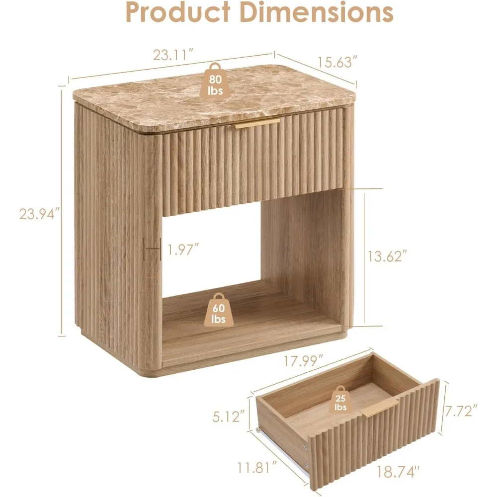 Par de mesitas de noche con tapa de mármol: mesitas de noche modernas de madera maciza con cajón y estante abierto