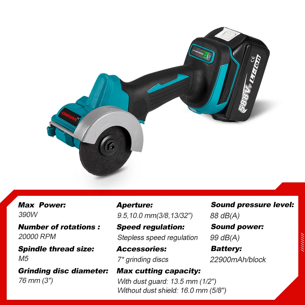 Professional Power Tool High Quality Brushless Cordless Electric 390W 76mm Angle Grinder Adaptable 18V Battery