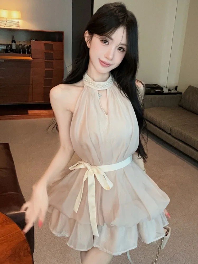 

Heavy Embellished Bead Women's Summer New Style Sweet Knot Waist Cinch Tie Dress Korean Style Commute Short Skirt