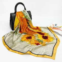 Faux Silk Scarf Women Big Square 90*90cm Kerchief Vintage Oil Painting Printing Sunflower Custom Satin Hijab