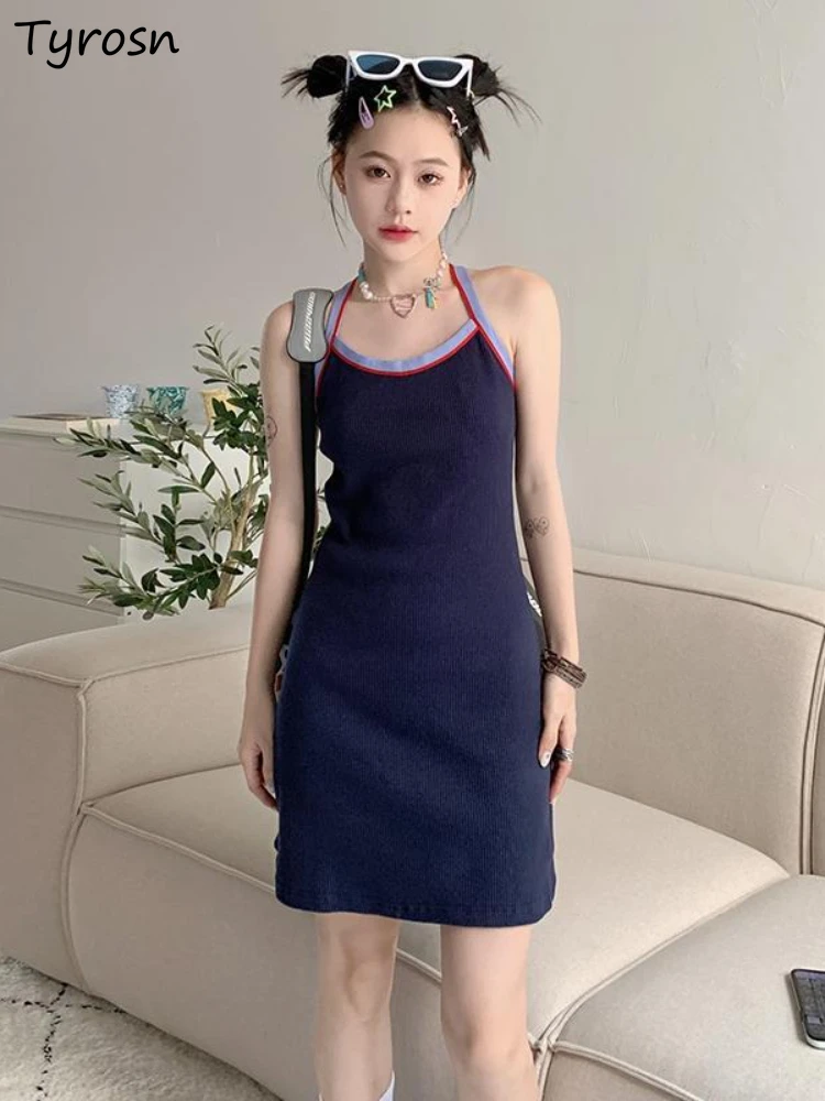 

Mini Backless Dresses Women Design Students Knitting Leisure Daily Slim Elegant Empire Fashion Simple Korean Style Sleeveless