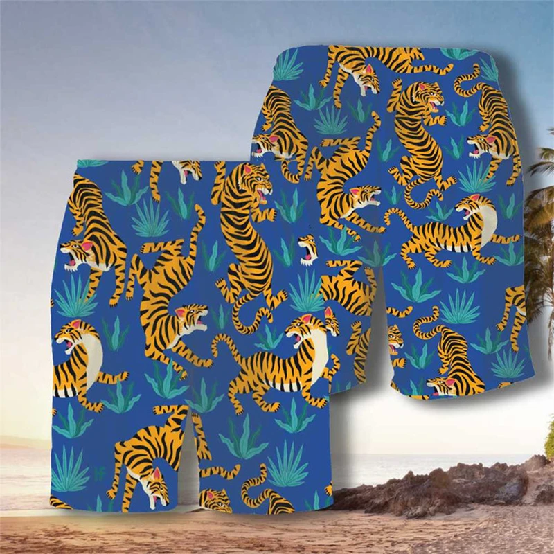 2024 Summer New Men Beach Shorts Casual Cool Animal 3d Printing Tiger Short Pants Running Trunks Breathable Boys Kids Swimwear