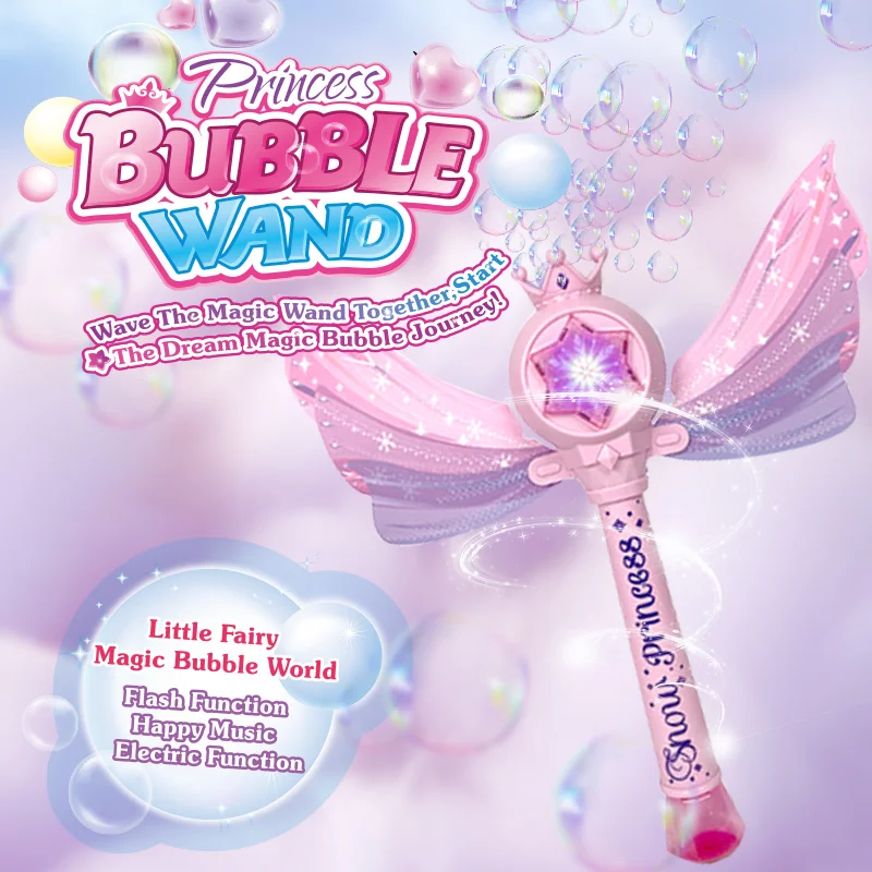 In de Frozen bubble machine, kinderen houden sprookjeszaafstokjes vast om bubbels te blazen met Princess Elsa-speelgoed