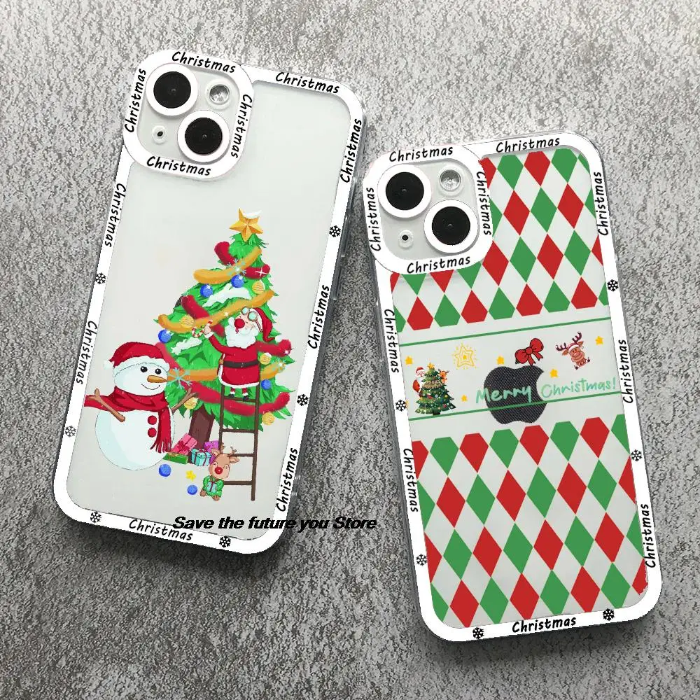 

Christmas Cute Cartoon Santa Snowman Phone Case For iPhone 16 15 14 13 12 11 Pro Max 15 16 Plus New Year Clear bumper Case