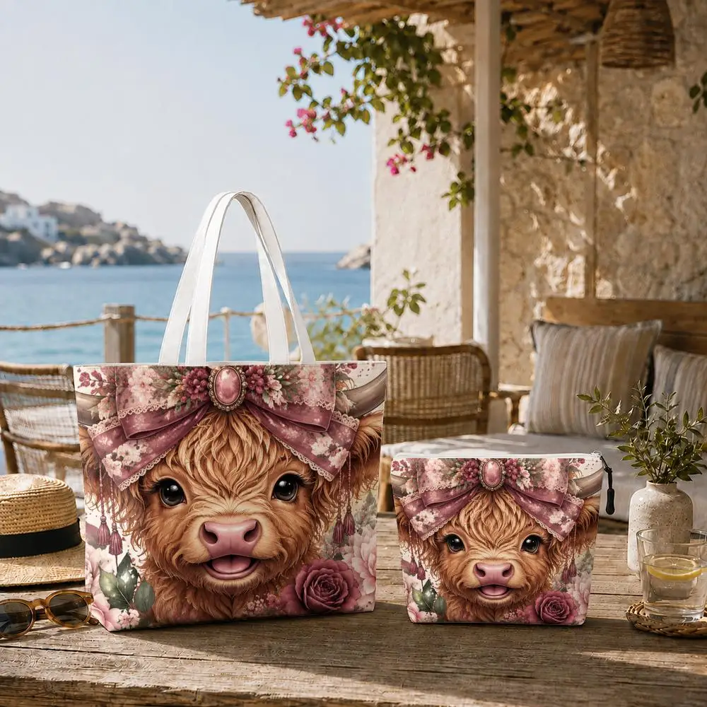 Highland Cow Storage Bags 2-Piece Set Double-Sided Print with Zipper Canvas Eco Tote Bag for Beach Travel Picnic