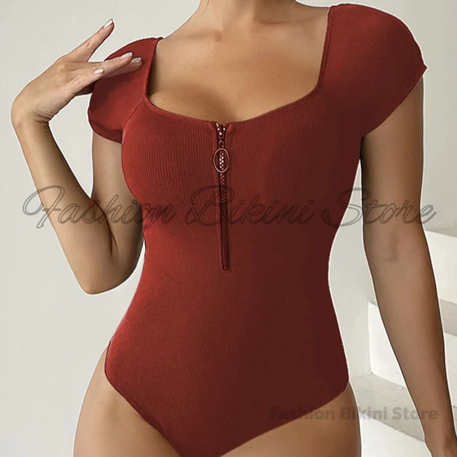 2026 Short Sleeve Swimsuit Women One Piece Solid Swimwear Female Zipper Bathers Bathing Swimming Suit Summer Beachwear Bodysuit