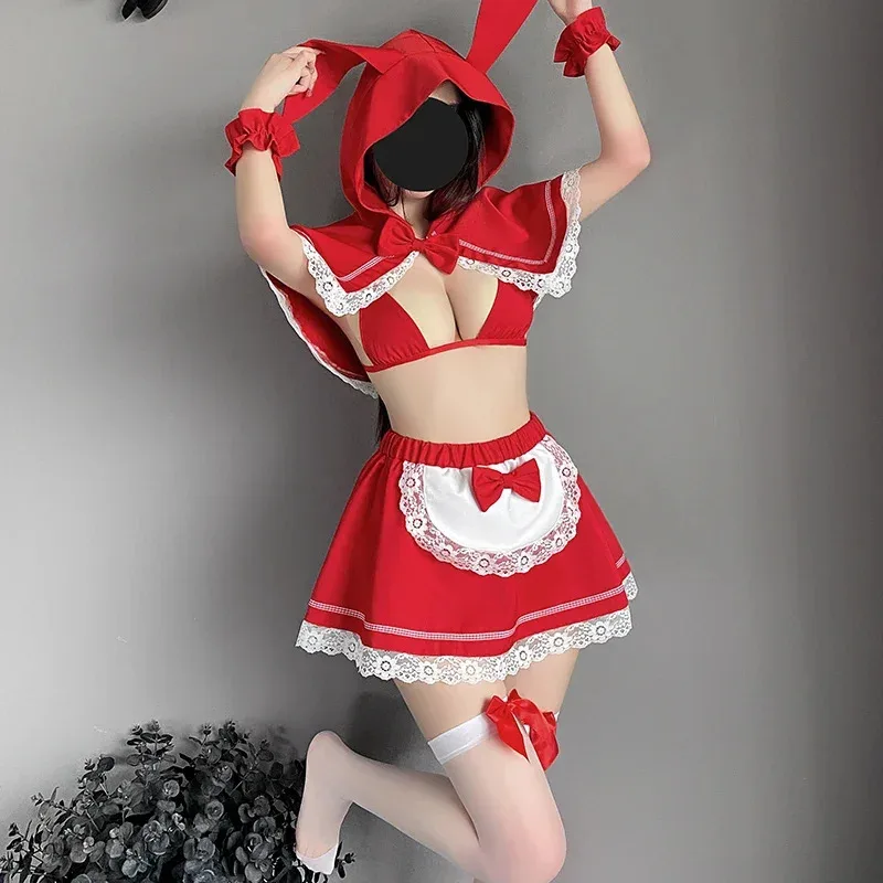 OJBK Costumi Cosplay di Natale Ragazze Lingerie a tre punti Vestito Rosso Cameriera di Babbo Natale Abiti Petto aperto con gonna di pizzo Uniforme 202b