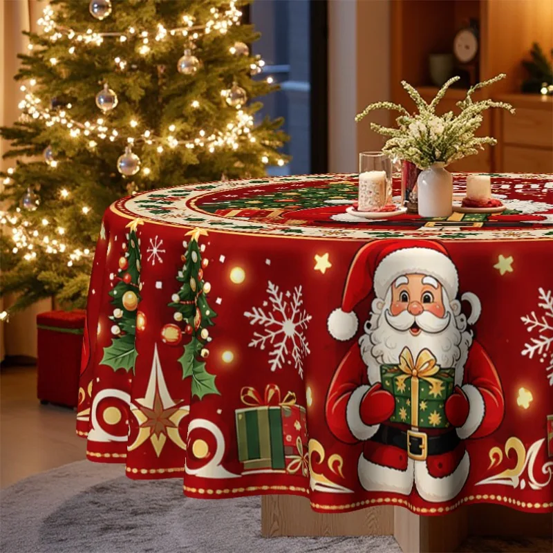 1 tablecloth, Christmas themed, round tablecloth with Santa Claus, Christmas tree and gift designs