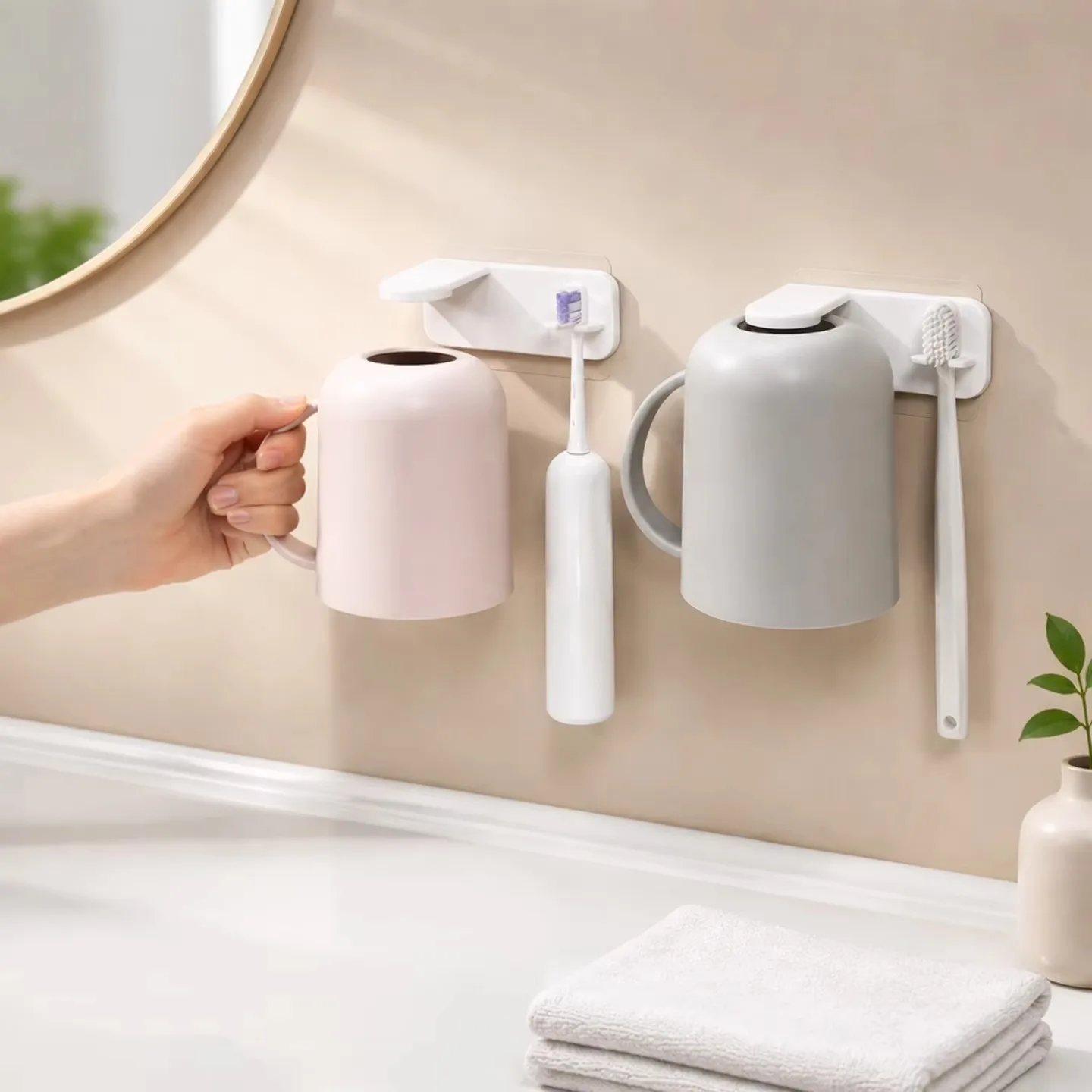 Magnetic wall-mounted mouthwash cup with handle, toothbrush holder, wall-mounted toothbrush cup
