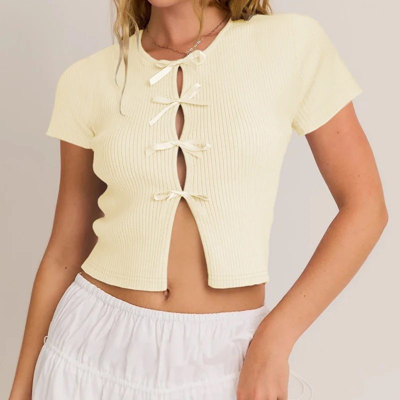 Fashion Bow Decor Hollow Out T-Shirts Women Y2K Knitted O-Neck Short Sleeve Solid Tees Sexy Spicy Girls Skinny Slim Crop Top