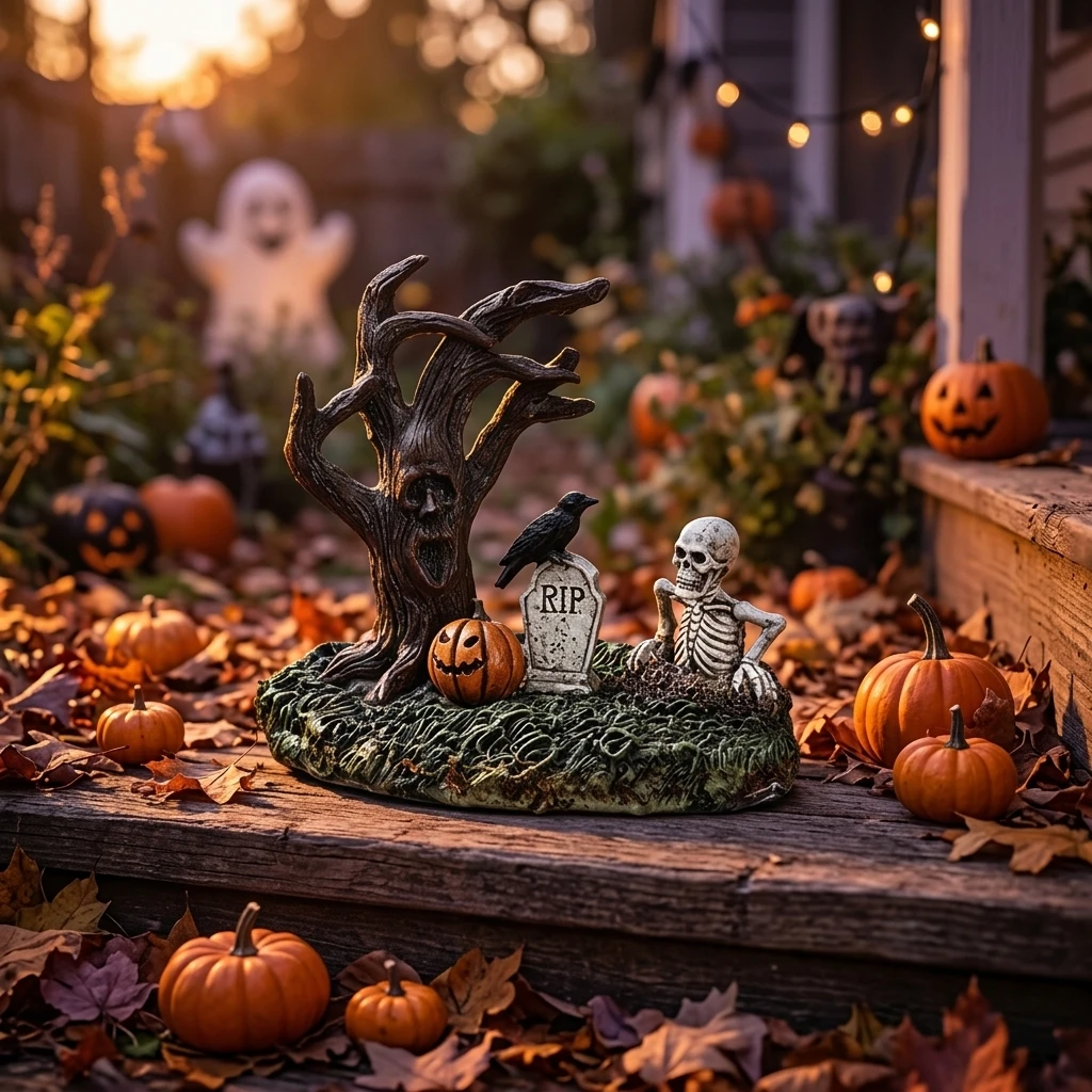 Pumpkin Tree Monster Duck Sculpture Spooky Weather-Resistant Resin Statue for Halloween Garden Patio Yard Home Decor Art