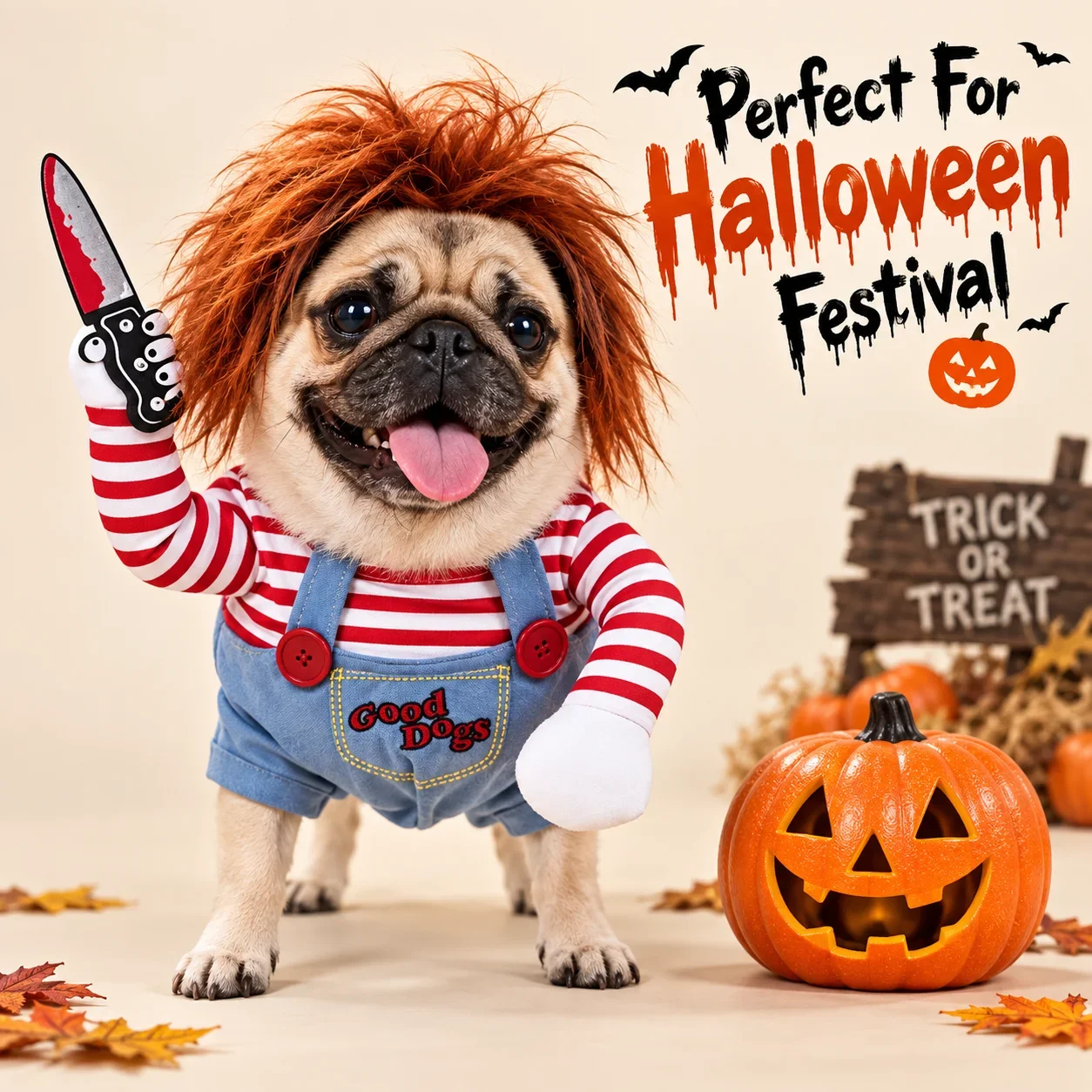 Fantasia de Chucky para Animais de Estimação, Traje de Cosplay Engraçado para Halloween, para Cães e Gatos de Porte Pequeno e Médio, com Faca de Braço Falsa 3D, Vestido de Festa para Animais de Estimação