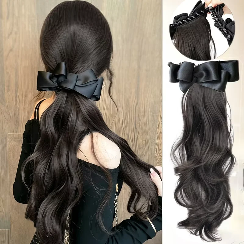 Elegant Synthetic Claw Clip Ponytail With Silk Bowknot Banana Wavy Layered Grab Clip Ponytail Hairpiece for Halloween Party Wear