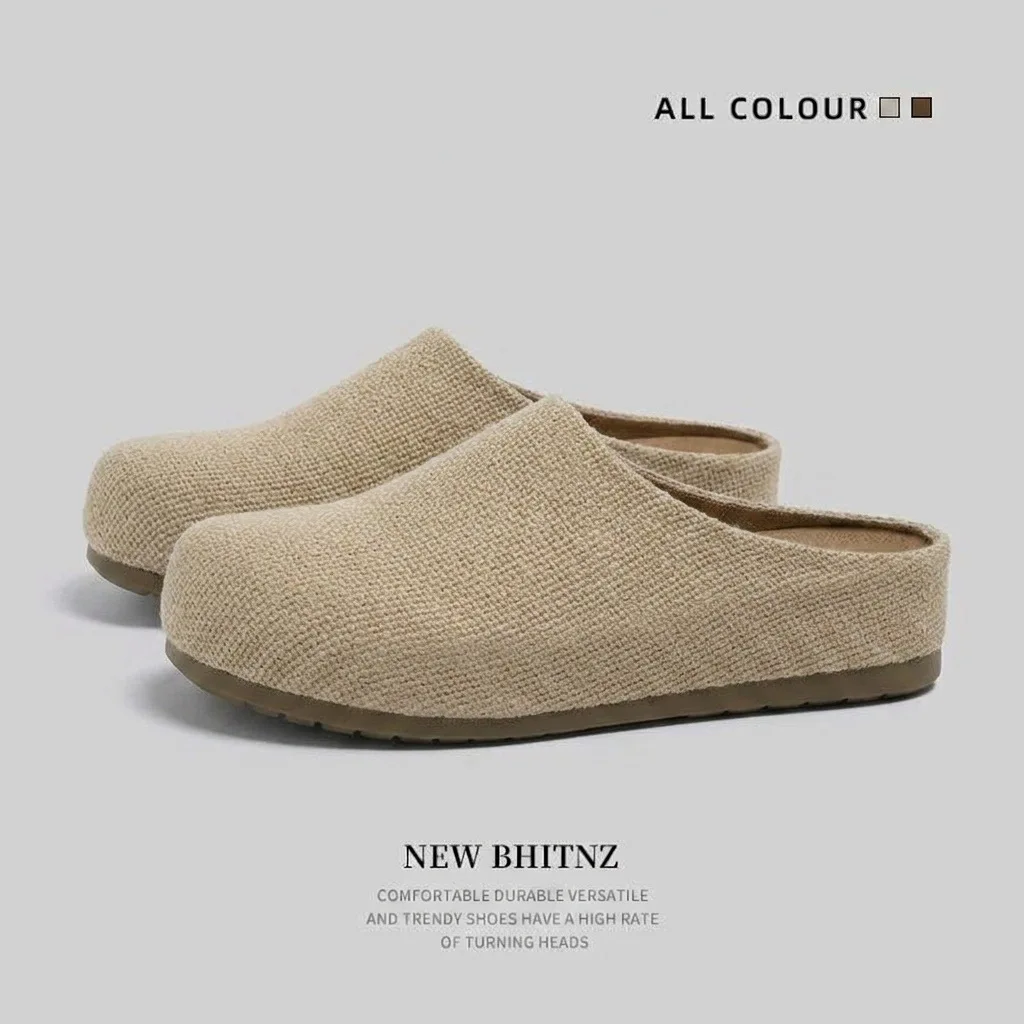 2026 Autumn Men's Linen Backless Mule Slippers Flat Slip-On Casual Shoes Heightened Toe Birkenstocks Men's Casual Shoes