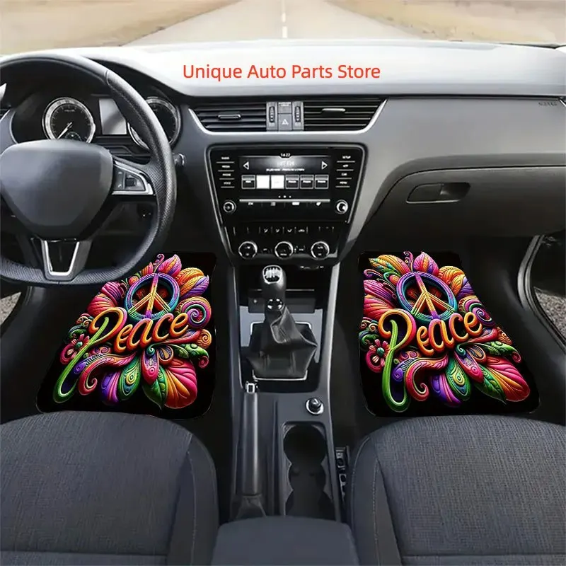 4pcs of Colorful Peace Logo Car Floor Mat Set, Universal Crystal Velvet Material, Anti-slip and Durable, Effectively Collect Hai