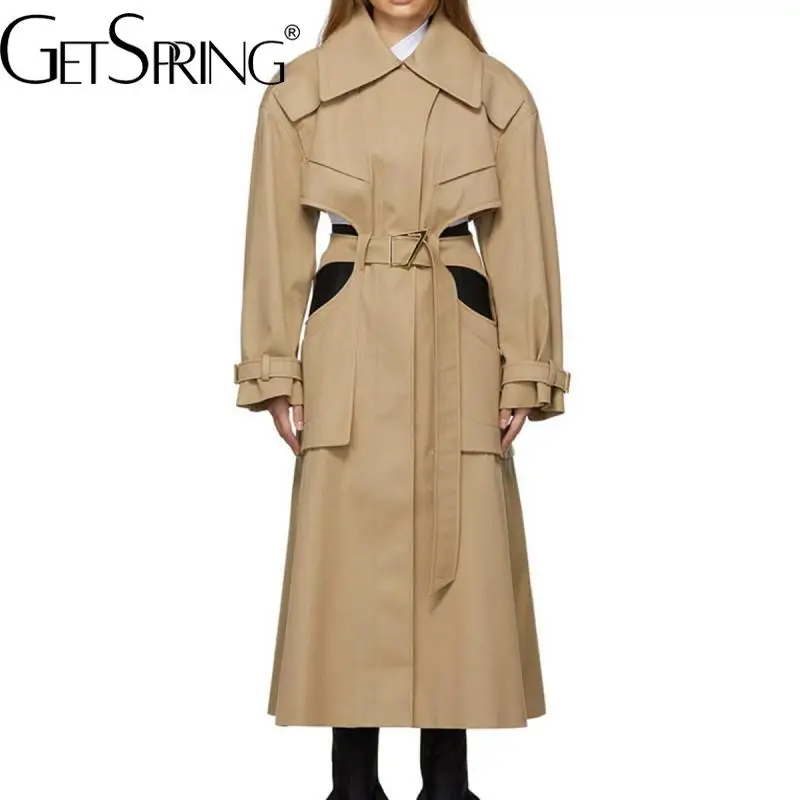 

GetSpring Women Trench Coat 2024 Temperament Hollow Out Belt Full Sleeve Ladies Windbreaker Fashionable Loose Long Overcoat New