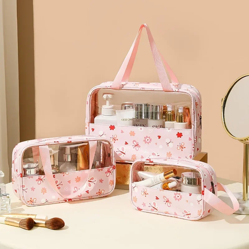 Bolsa de cosméticos transparente impresa de gran capacidad, bolso de empalme, bolsa de aseo de Macaron dulce, bolsa de almacenamiento portátil de