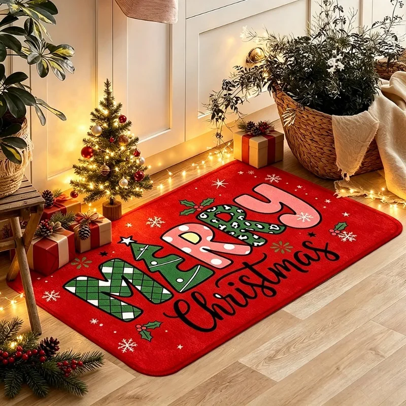 VIKAMA Christmas Flannel Door Mat,Merry Christmas Indoor Entrance Rug,Xmas Holiday Home Decor Floor Carpet for Entryway Bathroom