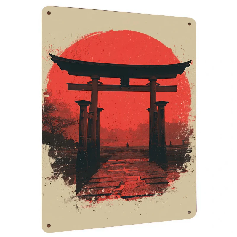 Japanese Torii Gate Red Sunset Metal Wall Art Traditional Temple Decor for Living Room Office