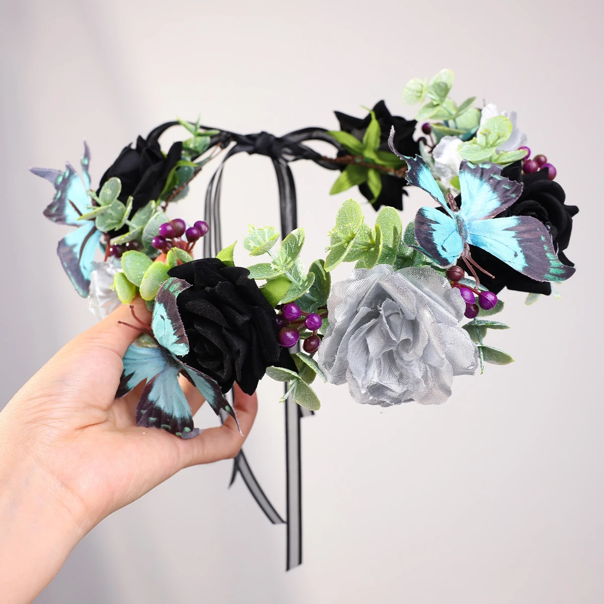 Handamde Baroque Black Rose Flowers Headbands For Women Bride Halloween Hairbands With Ribbon Party Hair Accessories image 2
