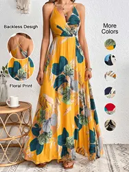Tropical Print Thigh-High Slit Backless Spaghetti Strap Dress 1056