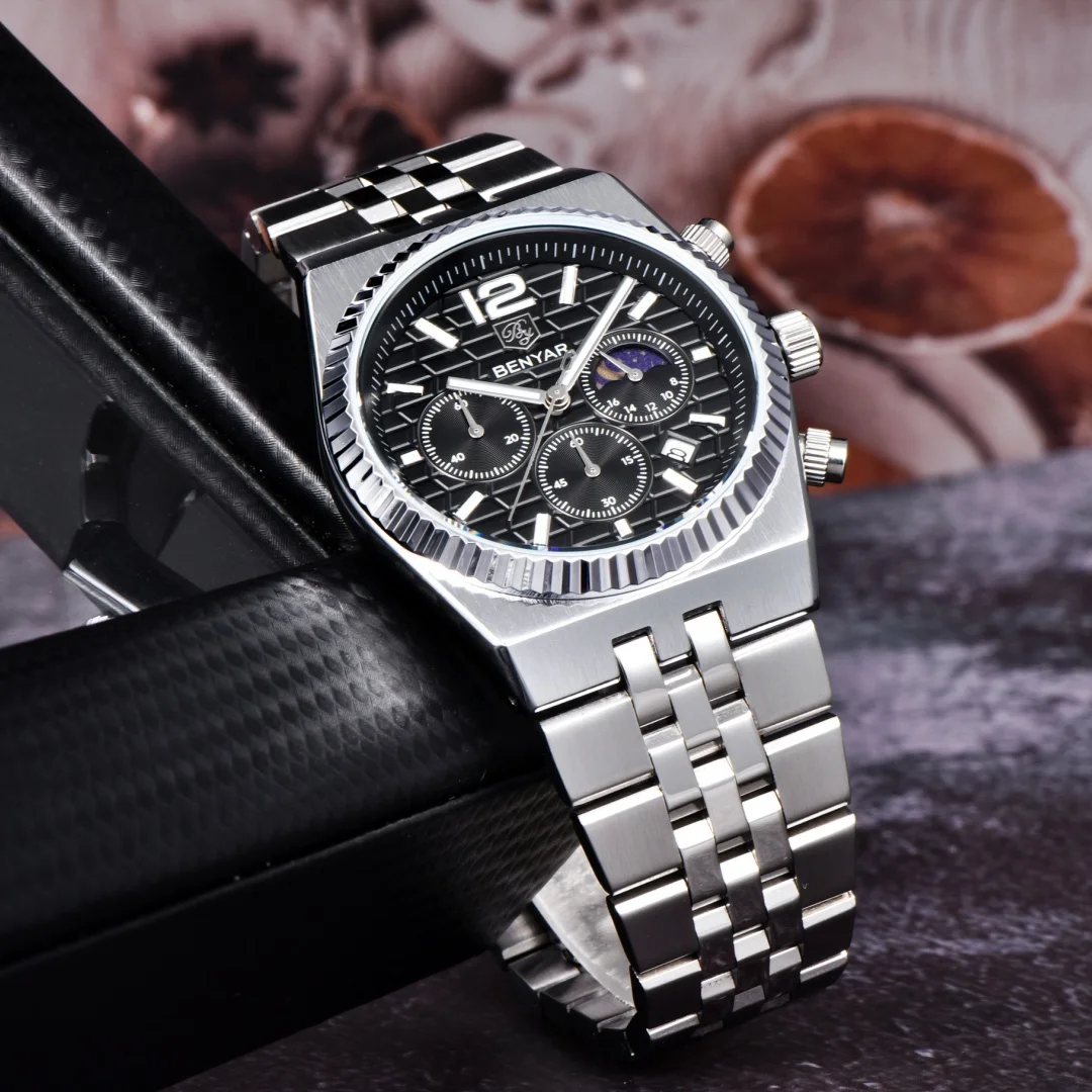 BENYAR 5225 ساعة كوارتز رجالية متعددة الوظائف التقويم موضة بسيطة مقاوم للماء مضيئة الأعمال reloj hombre ساعات للرجل #6