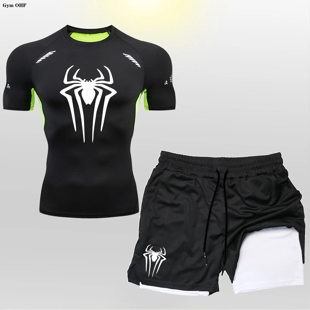 Anime Spider Men's Compression Set Short Sleeve Gym Tops Workout Shorts Quick Drying Breathble Athletics Rash Guard Sets Man