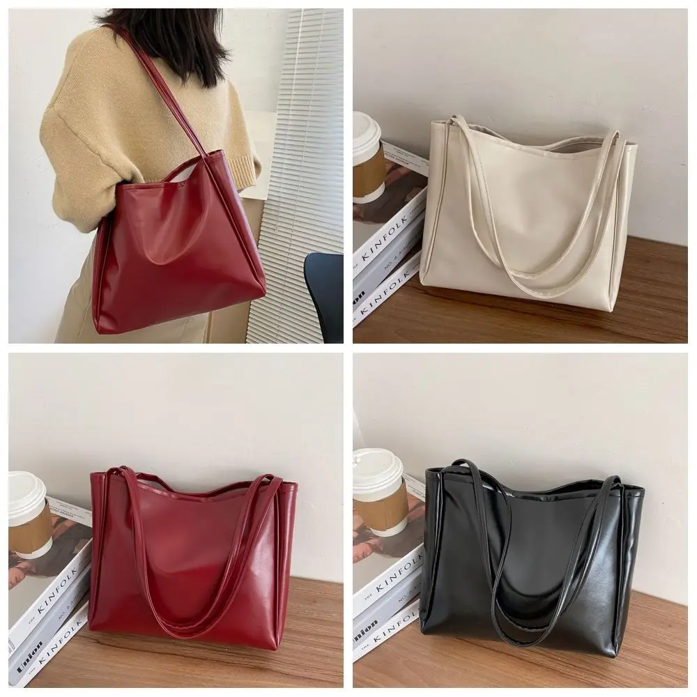 Retro Korean Style PU Shoulder Bag Solid Color Large Capacity Waterproof Tote Bag French Style Handbag Underarm Bag Girls