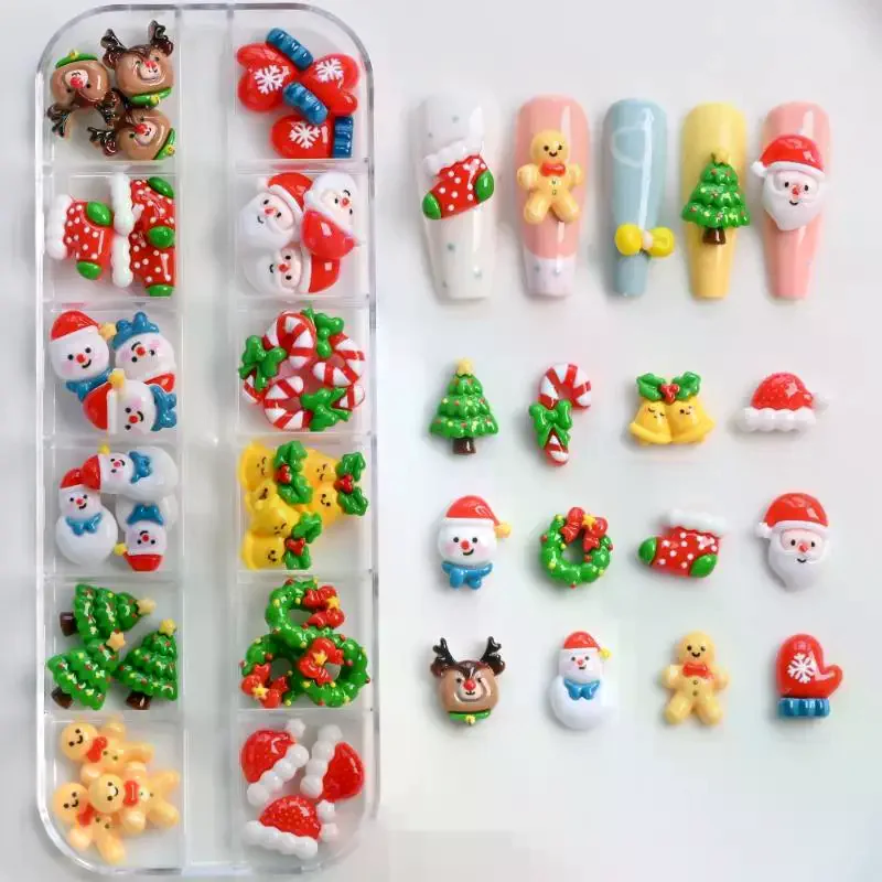 12 raster 36/60 stuks Kawaii Kerst 3D nagelbedels Sneeuwpop Kerstboom Rendier Kerstman Hars Steentjes Edelstenen voor nageldecoratie