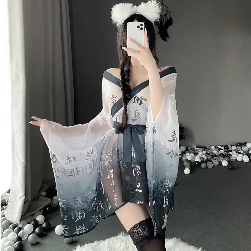 

Japanese Kimono Cosplay Women Lingerie Pajamas Sexy See Through Mesh Nightgown Perspective Bathrobe Temptation Nightwear Robes