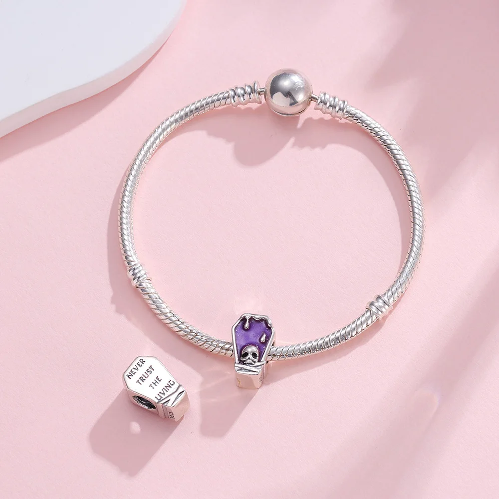 New 925 Sterling Silver Halloween Witch Ghost Bat Coffin Charm Purple Blue CZ Enamel Beads & Dangles Fit Original Snake Bracelet view 4
