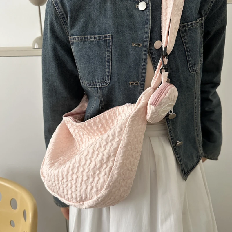 Women Pleated Cloud Shoulder Crossbody Bag Candy Color Sweet Cute Soft Lightweight Bag Casual Fashion Girl 2 in 1 Messenger Bag