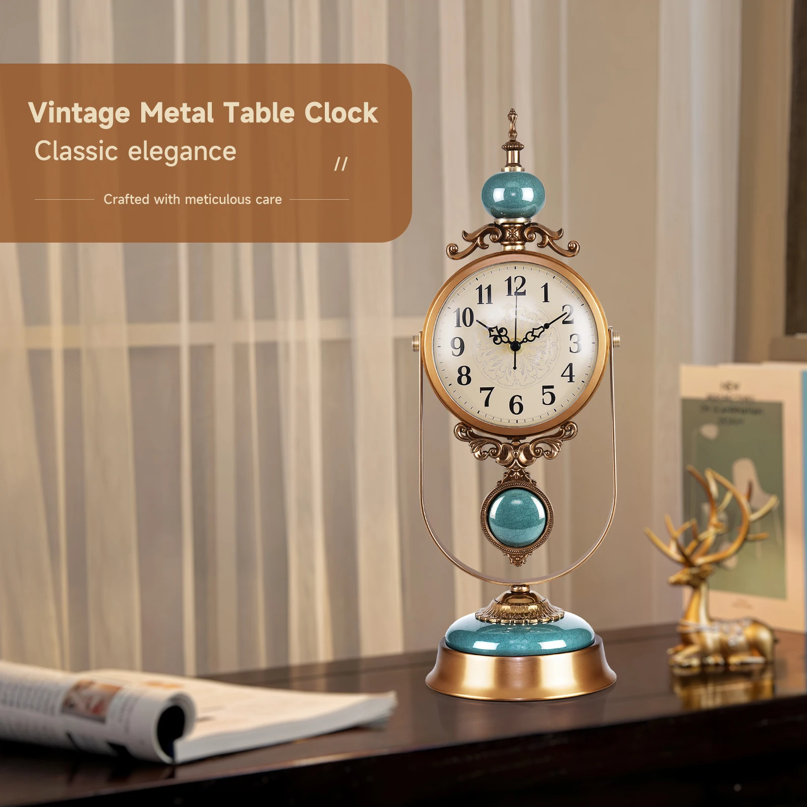 Luxury Zinc Alloy Rotating Pendulum Table Clock Vintage European Ceramic Decor Desk Clock Silent Non‑ticking Mantel Clock Home Living Room Ornament Gift
