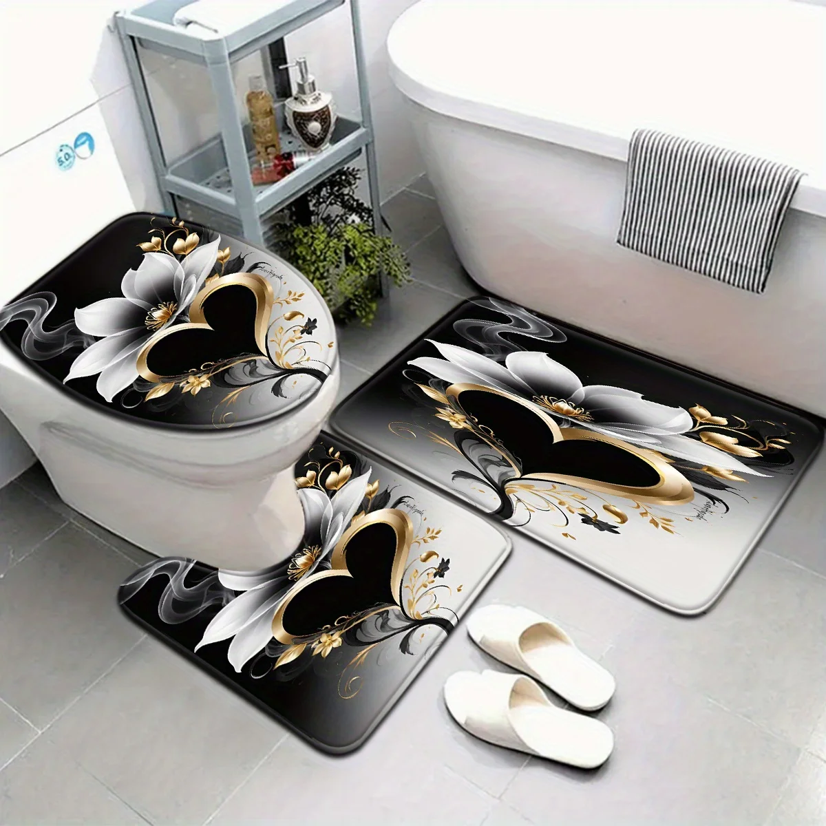 

3pcs Elegant Black Gold Floral Bathroom Rug Set Non-Slip U-Shaped Mat and Toilet Lid Cover Flower Theme Washable Floor Mats