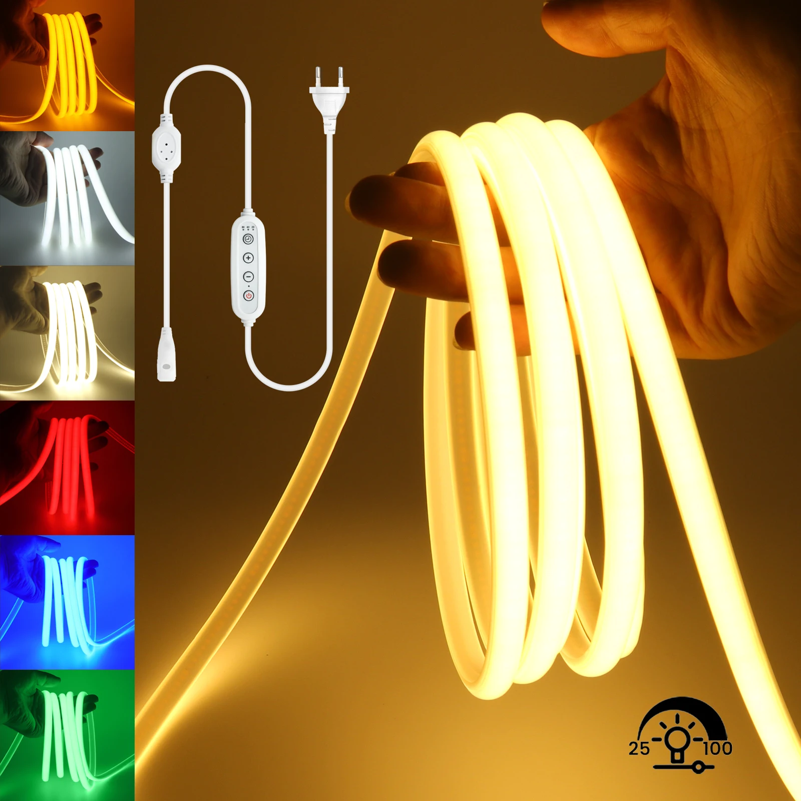 220V COB Led Strip with Dimming/Timer/Switch Waterproof Neon LED Strip 220V Flexible Ribbon for Room Kitchen Outdoor Lighting