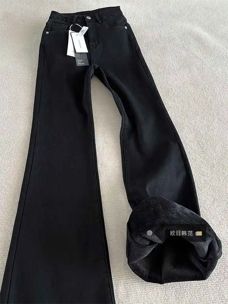 

Осень-зима 202, женские винтажные черные джинсовые брюки-клеш с низкой посадкой, теплые бархатные джинсы Y2k Harajuku, сложенные джинсы-клеш