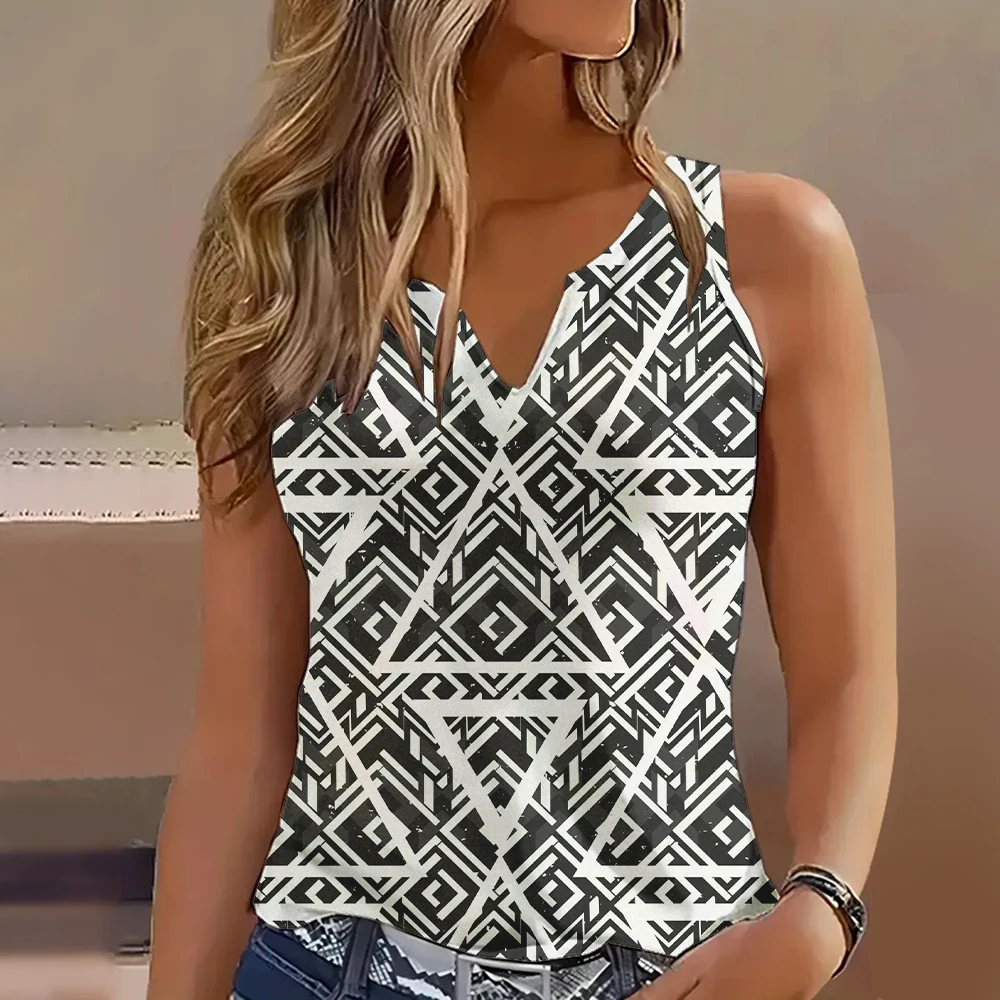 Plus Size Block 3d Printed Women's V-Neck Tank Tops Trendy Simple Sleeveless T-shirts & Blouse Streetwear Pullovers Tees Spring