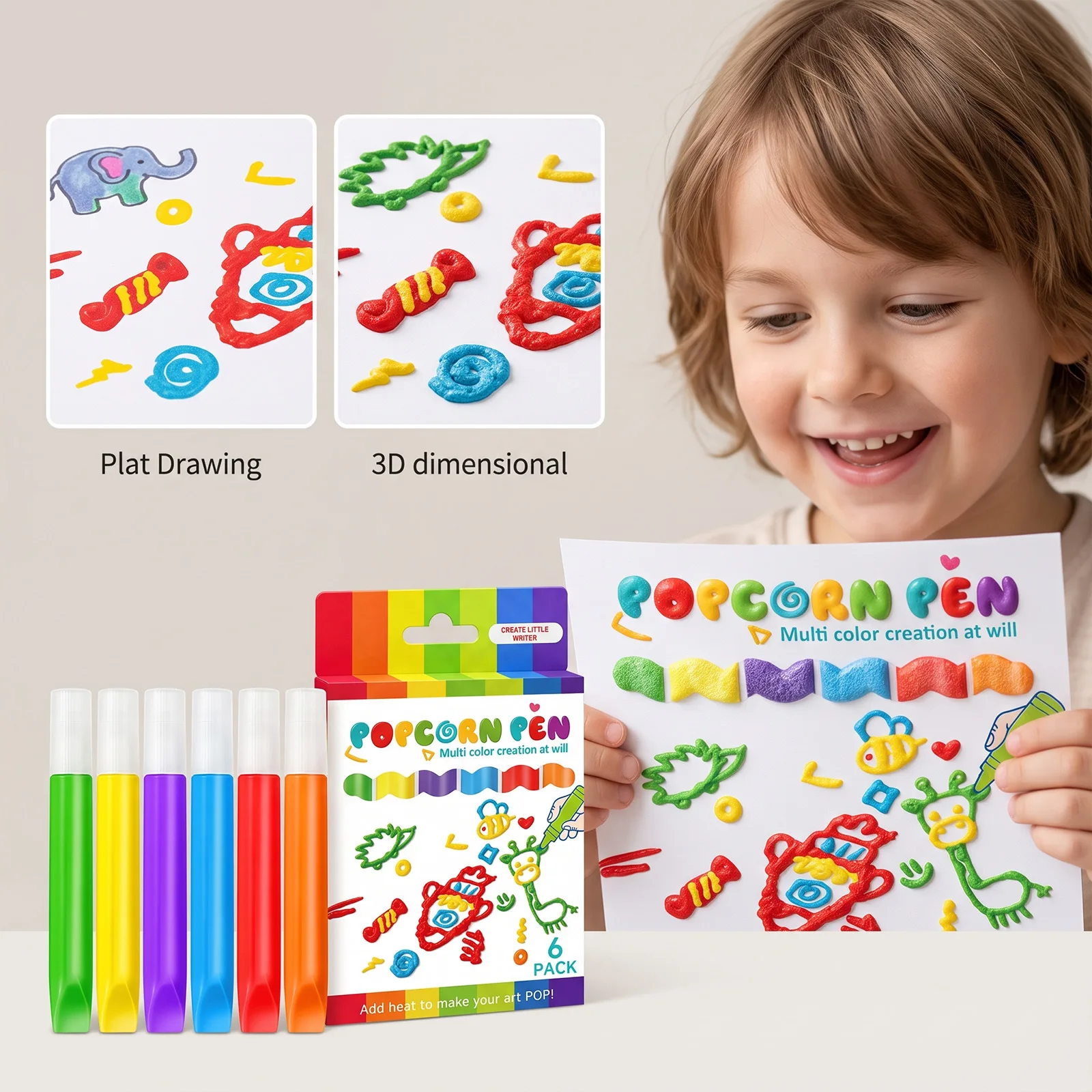 6 Colors/set 3D DIY Bubble Popcorn Drawing Pens, Multi-function Magic Popcorn Pen Stationery Children's Cards Kids Christmas