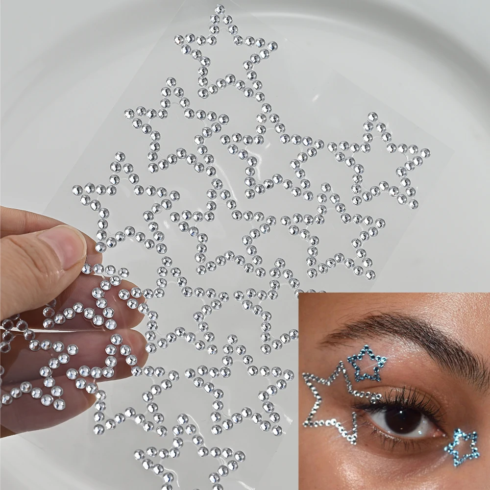 1pc 3D Star Rhinestone Eye & Face Tattoo Sticker Self Adhesive Crystal Jewel Glitter Star Stickers Party Makeup Face Fake Tattoo
