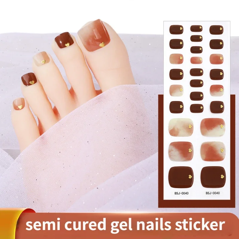 26Tips Semi Cured Gel Toe Nail Stickers Full Waterproof Long Lasting Manicure DIY Women Fashion Toenail Sticker UV Lamp Need