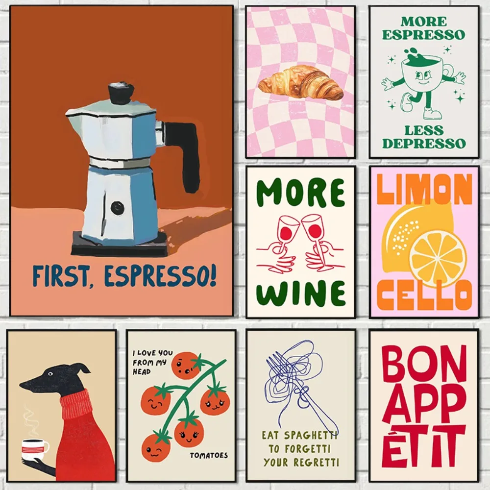 1PC frameless decorative art print,Pasta Croissants Fashion Coffee Let's Eat Pink Cherry Lemon Tomato Cheers Poster Canvas Paint