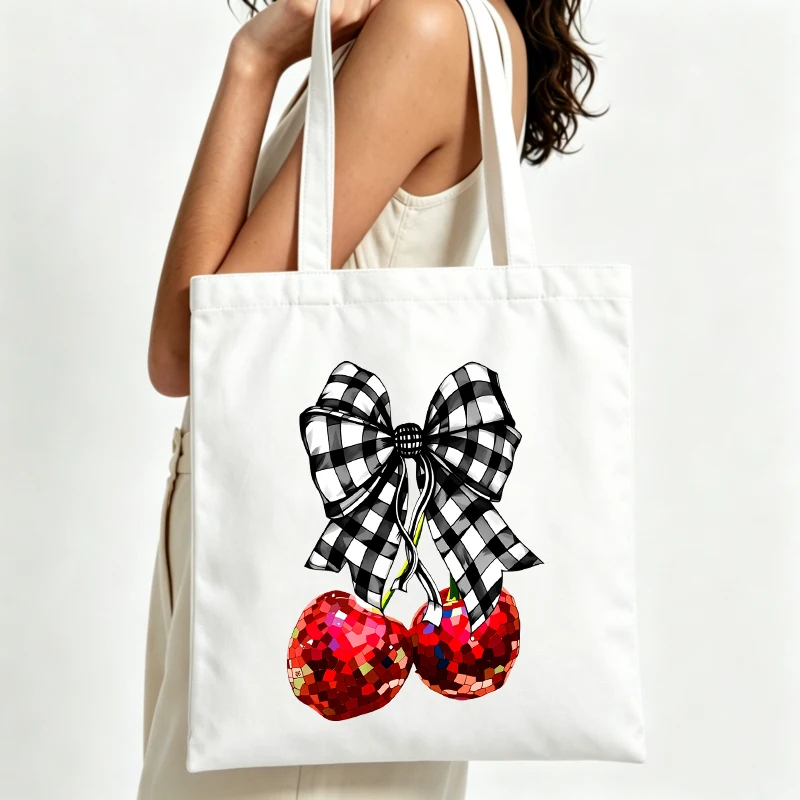Women S Gingham Bow And Sequin Cherry Print Canvas Tote Bag Casual Style For Daily Shopping And Summer Outings