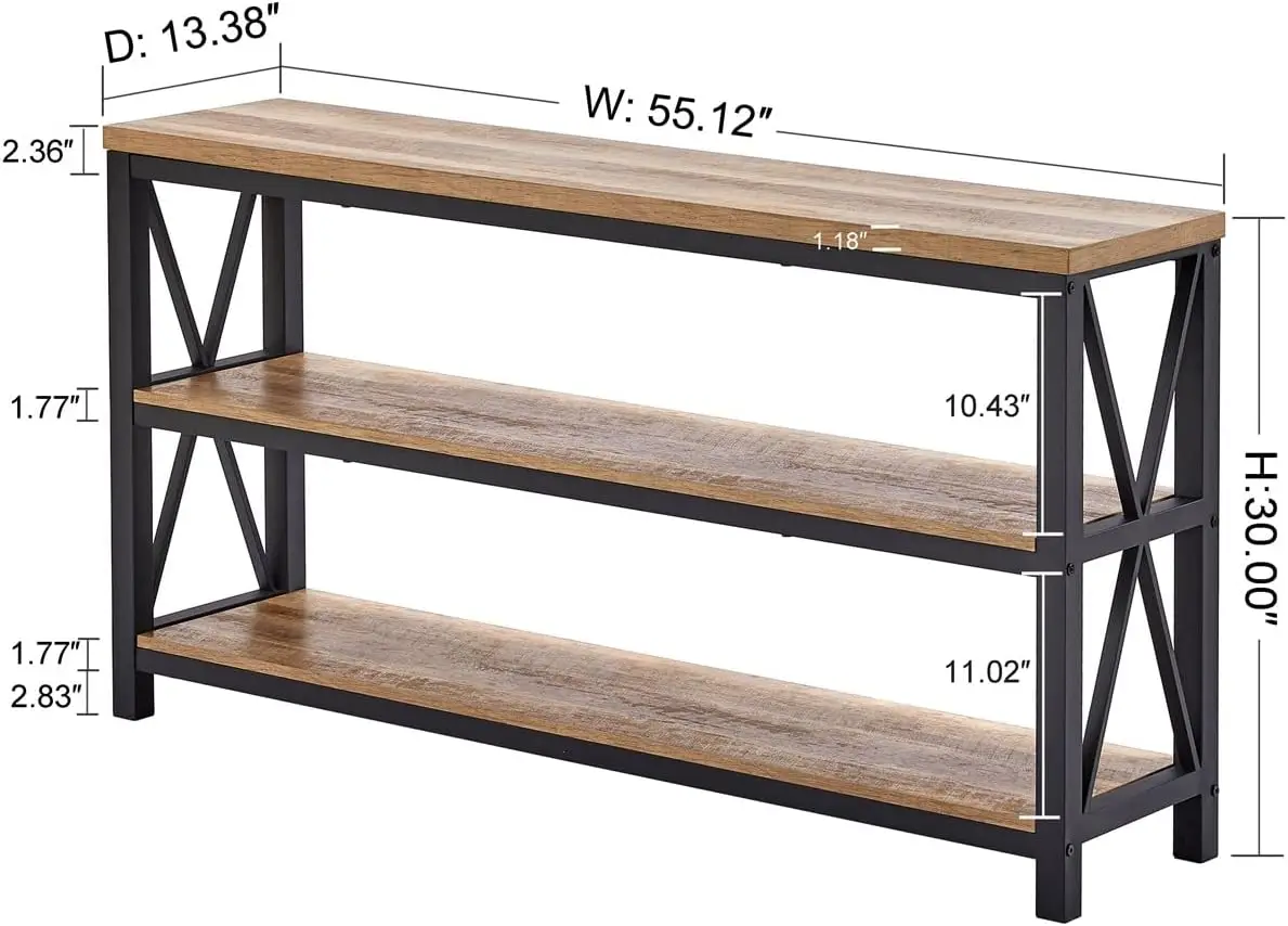 Table console industrielle pour entrée, table de canapé en bois, tables de couloir rustiques avec étagères à 3 niveaux pour salon