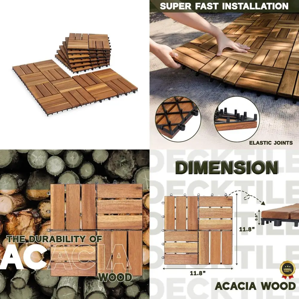 

acacia wood patio deck tile-9 pcs 12 slats interlocking decking tiles for patio decor, waterproof indoor & outdoor use, balcony
