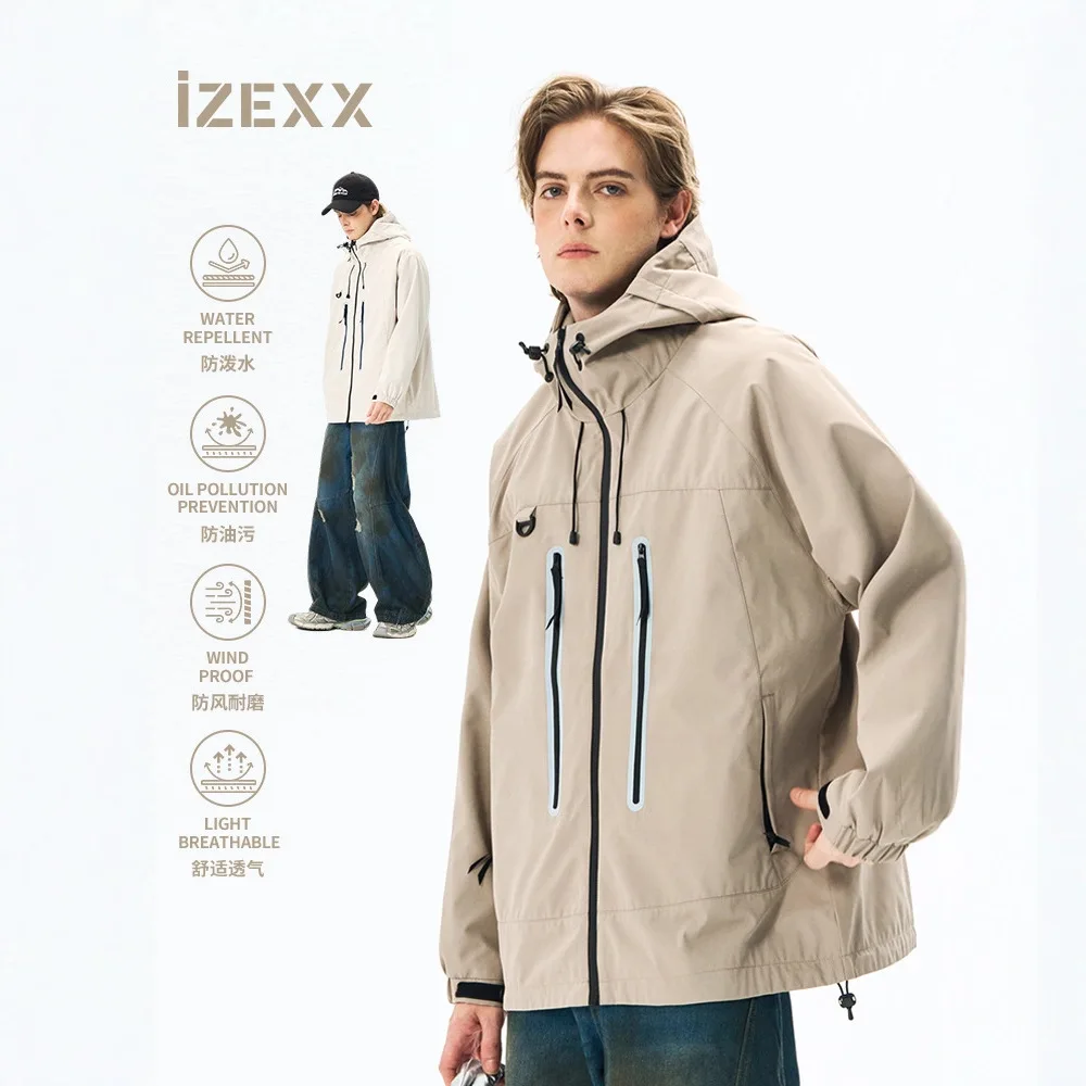 Outdoor Reflective Hooded Jacket for Couples Men's Hiking Camping Windbreaker Mountaineering Coat Outerwear
