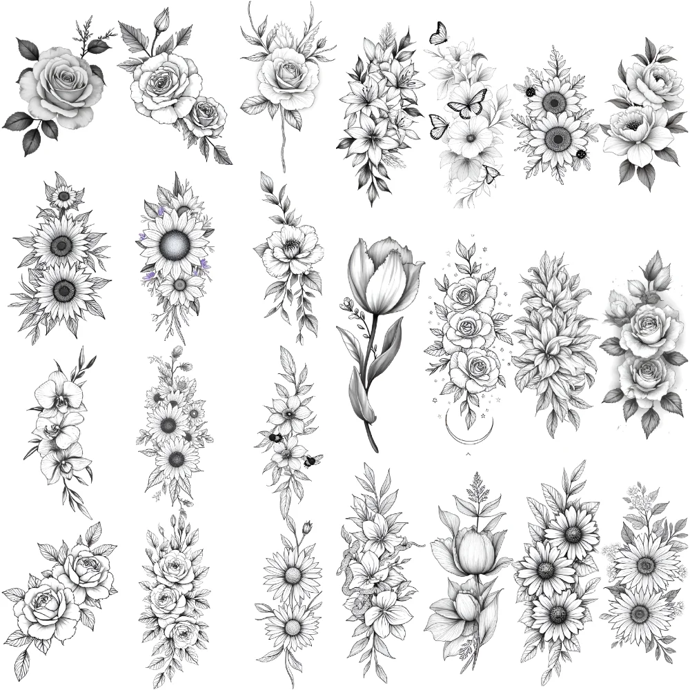 

9pcs Temporary Tattoo Lily Line Art Tulip Peony Temporary Tattoo Stickers Daisy For Shoulders Back Arms
