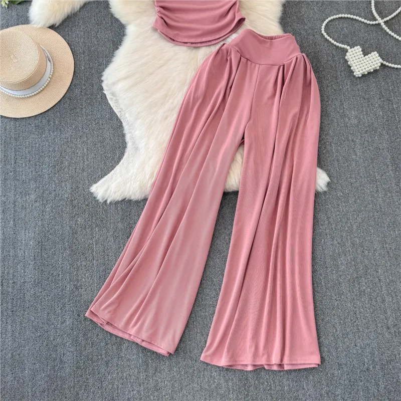 Summer Women Fashion New Solid Chic Pantsuit Vintage Casual Crop Tops Wide-Leg Pants Two Pieces Set Female Clothes New Outfits